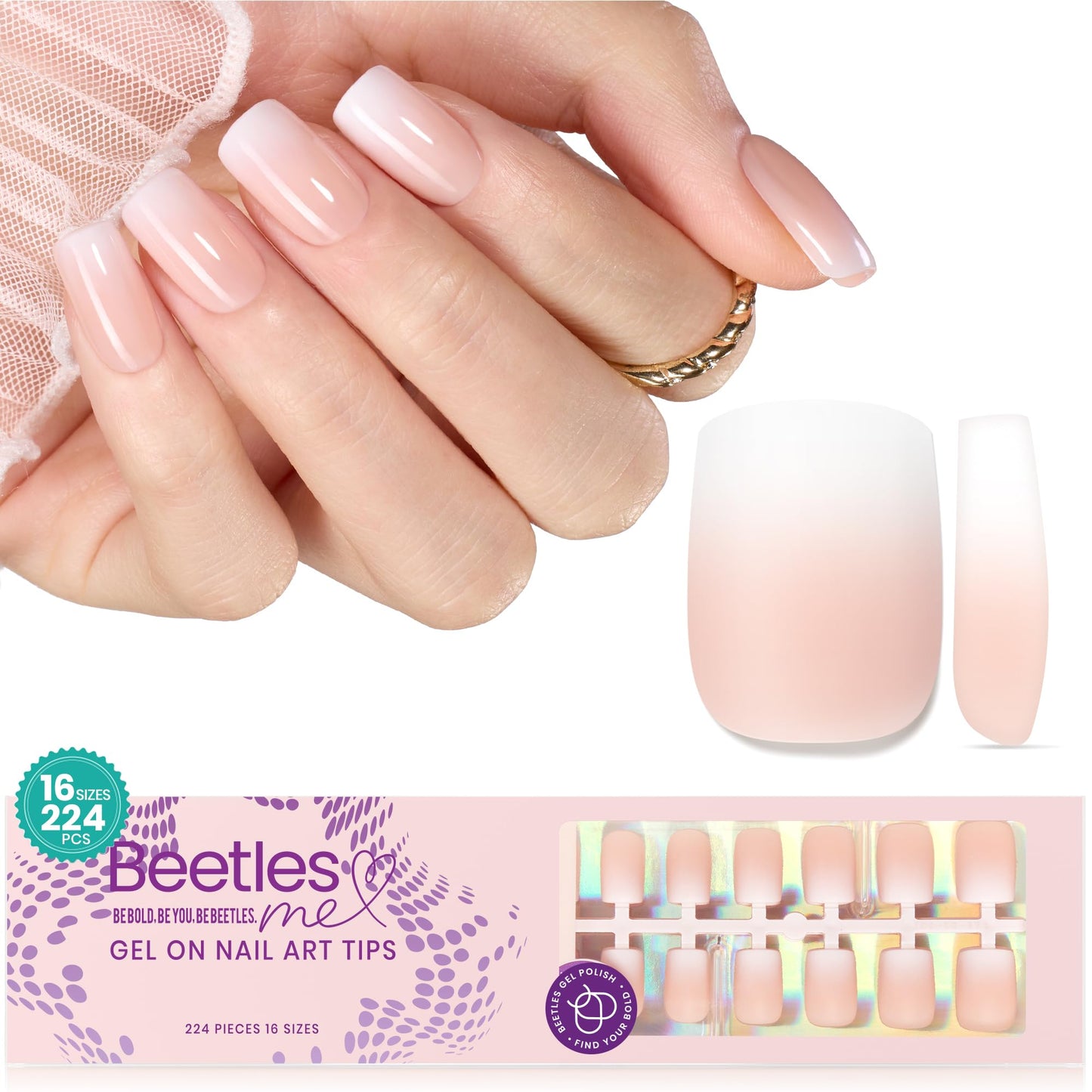Beetles Ombre Press on Nails: 224 PCS Short Almond Gel Nail Tips, Pink Press ons Pre-applied Primer & Base Coat Glue on Nail Tips, No Need to File Fake Nails DIY Nails Gifts for Women