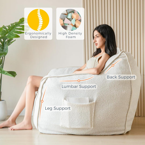 MAXYOYO Giant Bean Bag Chair for Adults, Stuffed Living Room Bean Bag Chair with Armrest, Large Fluffy Bean Bag Sofa with Filler, Accent Chair Sofa Floor Chair with Pocket for Dorm Reading, Beige