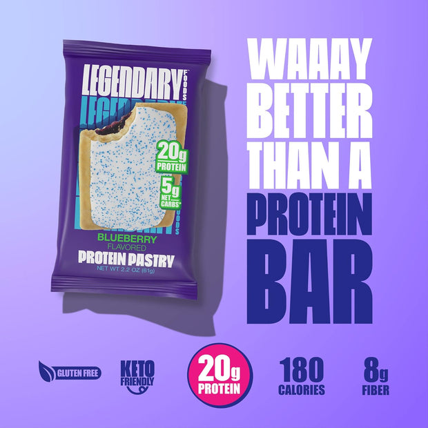 Legendary Foods 20g Protein Pastry - Low Carb Meal Replacement Bar - Low Glycemic, Gluten Free Protien Snacks - Healthy Keto Snack Box, 10x Zero Sugar Energy Bars - Bariatric Diabetic Friendly