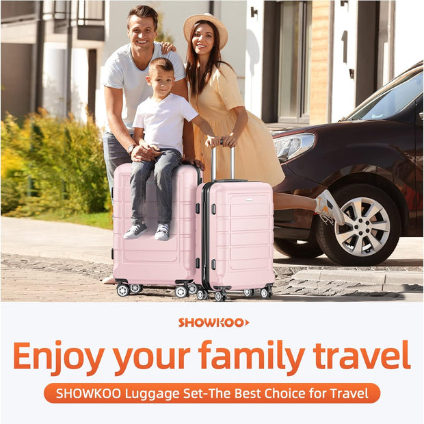 SHOWKOO Luggage Sets Expandable PC+ABS Durable Suitcase Sets Double Wheels TSA Lock Pink 3pcs
