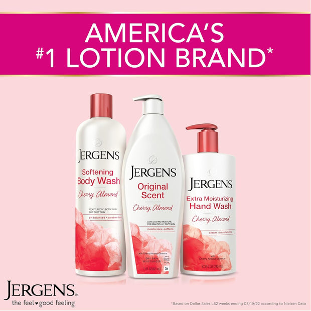 Jergens Original Scent Dry Skin Body Lotion, Hand and Body Moisturizer, Cherry Almond Essence, Dermatologist Tested, 21 Oz, Pack of 3