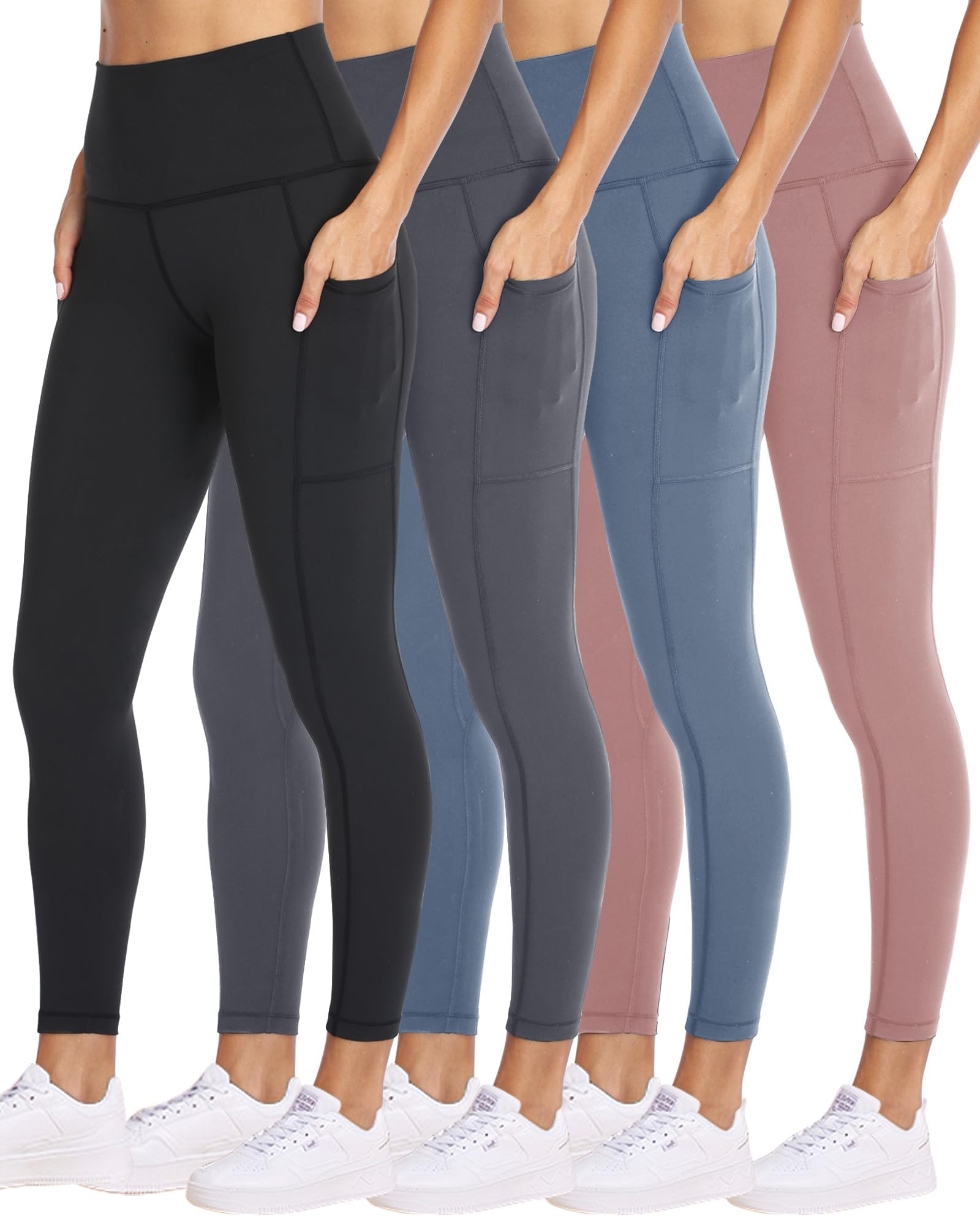 NexiEpoch 4 Pack Leggings for Women with Pockets- High Waisted Tummy Control for Workout Running Capri Yoga Pants
