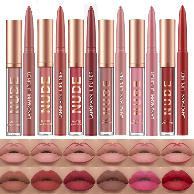 LANGMANNI 6 Matte Lipstick with 6 Lipliners Durable Makeup Set,Long-Lasting Non-Stick Cup Not Fade Waterproof Pigmented Velvet Lipgloss Kit Beauty Cosmetics Makeup Gift for Girls (#A)