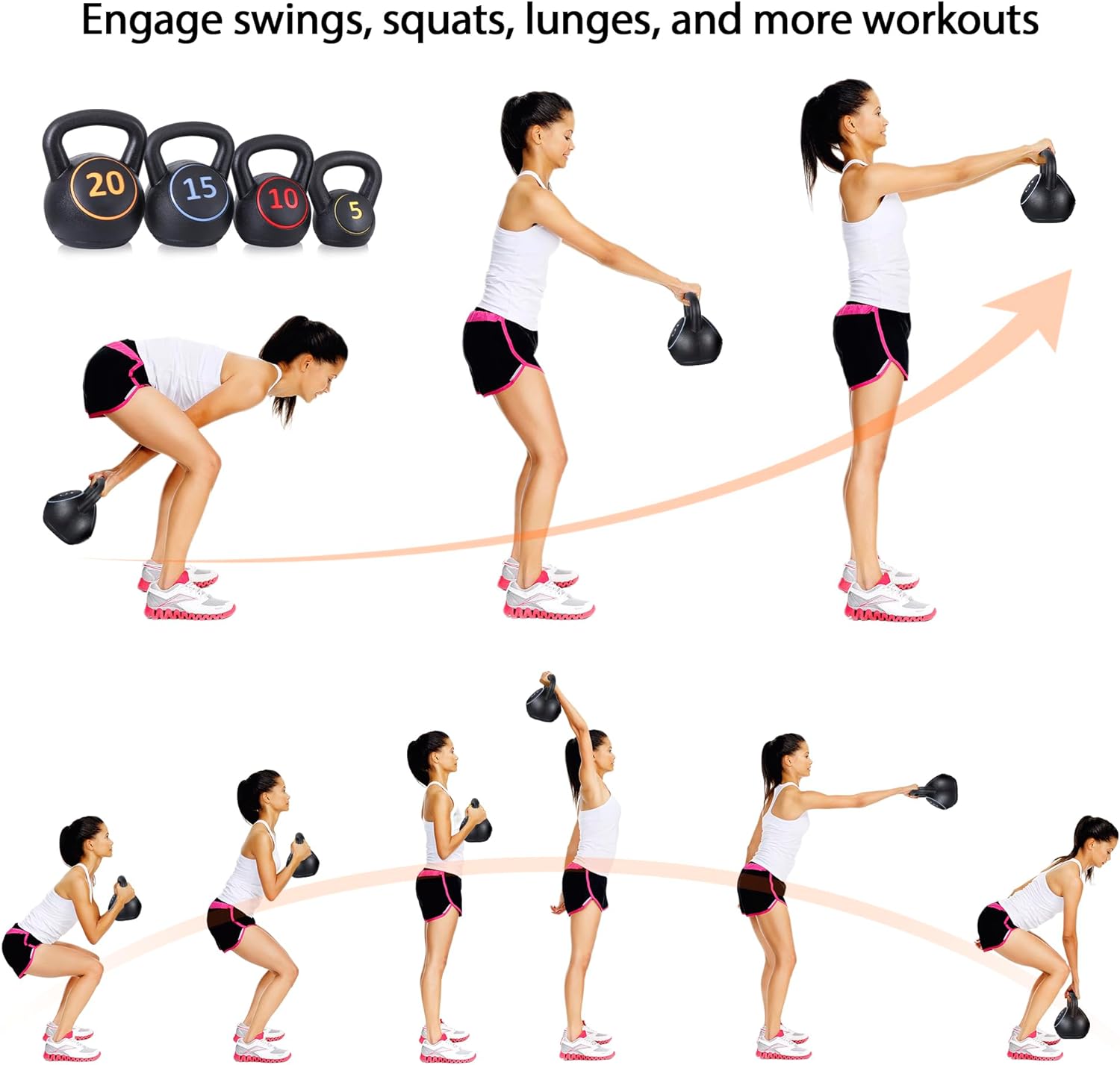 4-Piece Wide Grip Kettlebell Set, Strength Training kettlebells, 5 lbs 10 lbs 15 lbs and 20 lbs, Exercise Fitness Concrete Weight, Full Body HIIT Workout