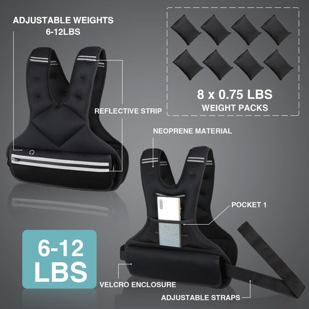 JoyPlus Adjustable Weight Vest,Strength Training Running Vest, Workout Equipment, Sport Exercise, Fitness, Weight Loss for Men 12LB, Women 8LB, Velcro or Buckle