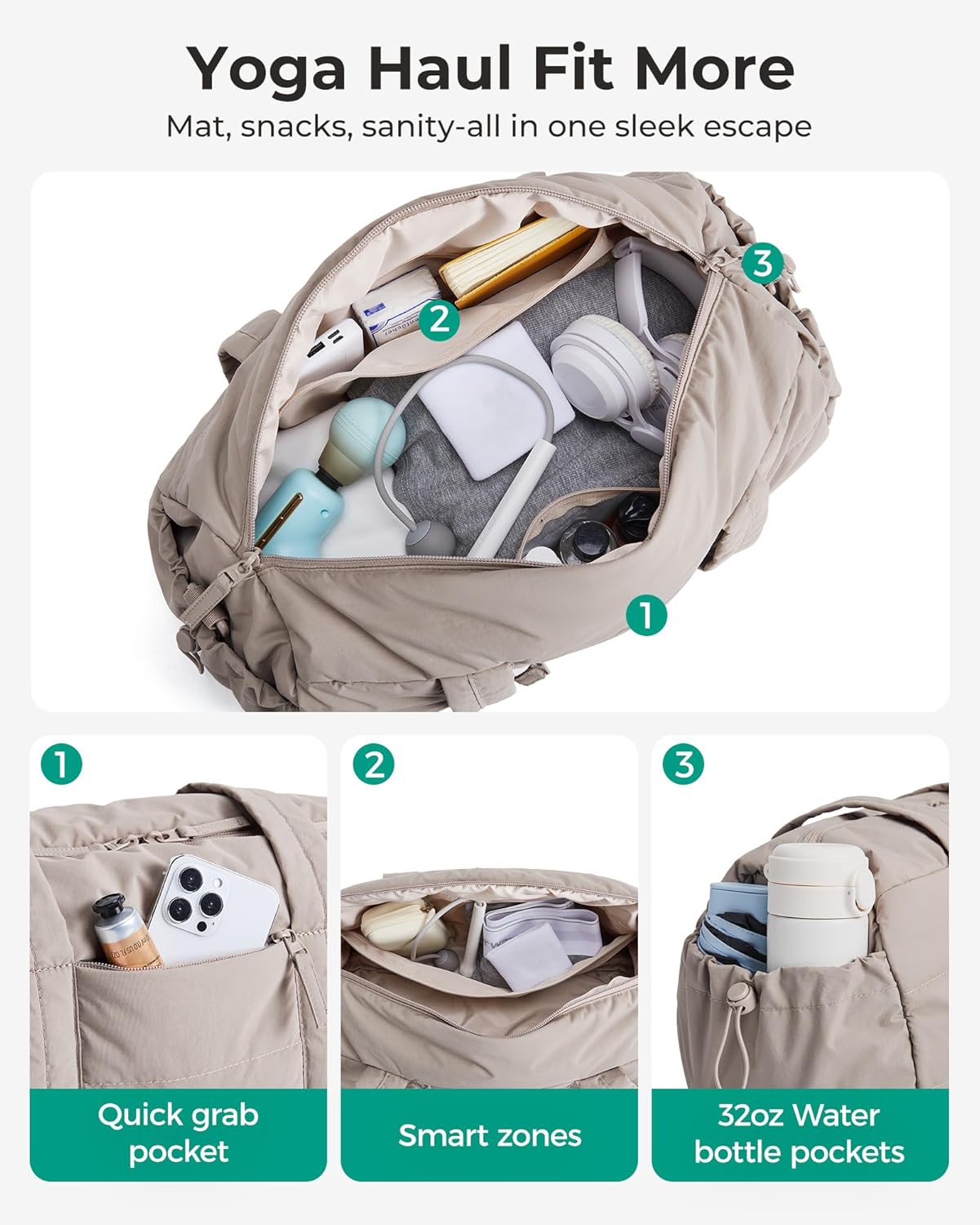 BAGSMART Reiki Gym Bag for Women, Yoga Mat Duffle Bag with Wet & Dry Pocket, Quilted Sports Bag for Weekend/Swimming, Sand Brown