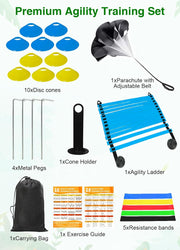 Speed Agility Training Equipment Set - 20ft Agility Ladder, 10 Disc Cones, Resistance Parachute, 5 Resistance Bands & Carry Bag | Football Soccer Basketball Fitness Drills for Kids Adults