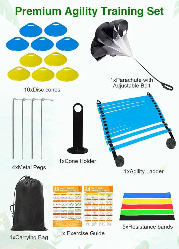 Speed Agility Training Equipment Set - 20ft Agility Ladder, 10 Disc Cones, Resistance Parachute, 5 Resistance Bands & Carry Bag | Football Soccer Basketball Fitness Drills for Kids Adults