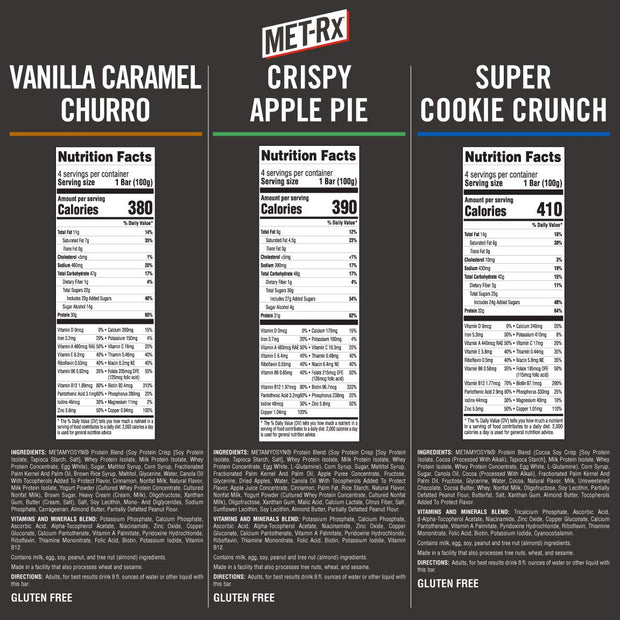 MET-Rx Big 100 Colossal Protein Bars Variety Pack, Super Cookie Crunch, Vanilla Caramel Churro, and Crispy Apple Pie Flavors, Brown, 12 Count