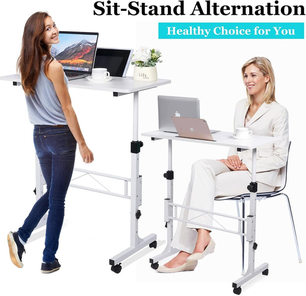 KLSMYHOKI Standing Desk Adjustable Height, Mobile Stand Up Desk with Wheels Small Computer Desk Rolling Desks, Portable Laptop Desk White Standing Table Home Office Desks 16"x31.5" Height 27"-43.5"