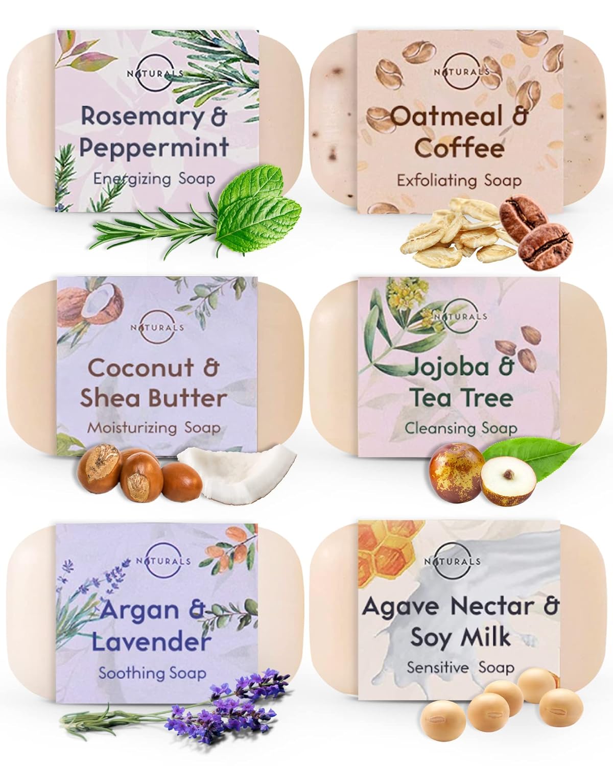 O NATURALS 100% Natural Bar Soap - Gift Set for Women - Organic Ingredients & Essential Oils - Spa Gifts for Women & Men, Body Wash Soap Bar - 6PC Natural Collection