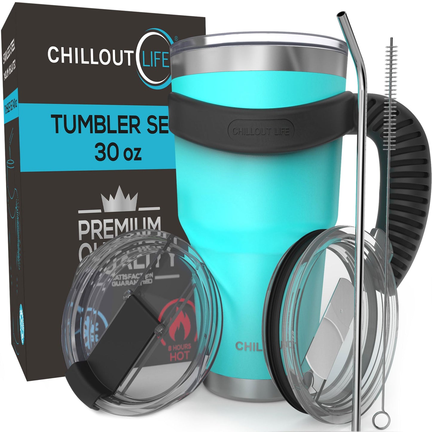 CHILLOUT LIFE Stainless Steel Travel Mug with Handle 30 oz – 6 Piece Set. Tumbler with Handle, Straw, Cleaning Brush & 2 Lids. Double Wall Insulated Large Coffee Mug Bundle
