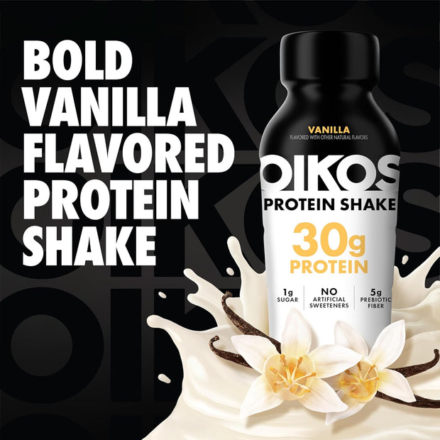 Oikos Protein Shake, Vanilla, 30g High Protein Drinks, Shelf Stable, Ready to Drink, 5g Prebiotic Fiber, 12 fl oz Bottle, 12 Count​
