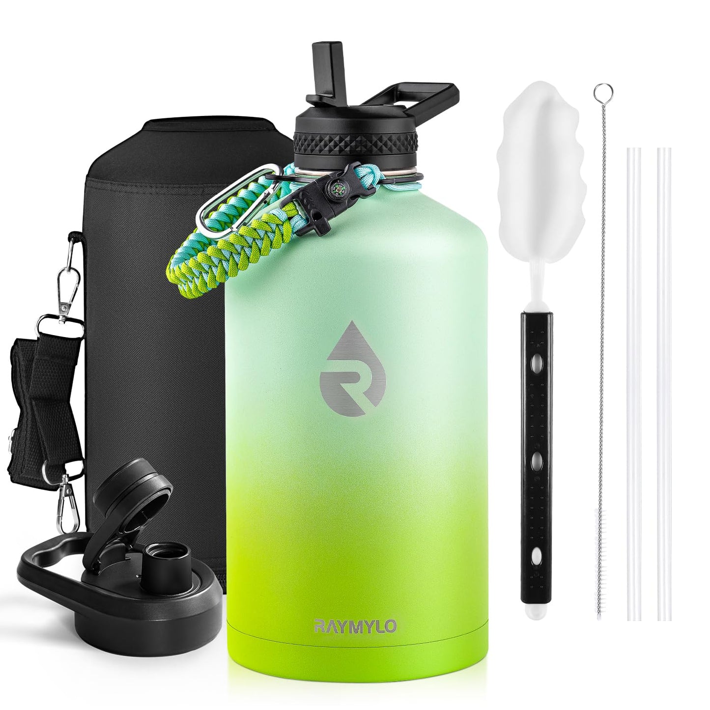 Insulated Water Bottle 64 oz, Triple Wall Vacuum Stainless Steel (Cold for 48 Hrs), Leak Proof & Non-BPA, Half Gallon Water Flask Jug with Paracord Handle & Straw Spout Lids, Magic Black