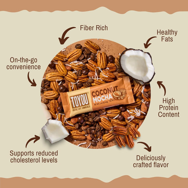 ToYou Chewy Fruit and Nut Bars - Healthy Protein Snacks | Coconut Mocha - 1.41 Ounce (Pack of 12) | Soft Chewy, Vegan, Fiber-packed Granola Bars for Adults and Kids, Made with Natural Ingredients