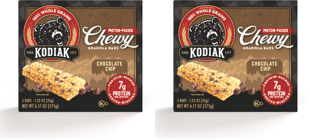 Kodiak Cakes Chewy Granola Snack Bars, Chocolate Chip, High Protein, 100% Whole Grains, 1 box with 5 bars