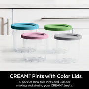 Ninja Creami Pints 4 Pack, Compatible with NC299AMZ & NC300s Series Creami Ice Cream Makers, Genuine Ninja Pint, BPA-Free & Dishwasher Safe, Color Lids, Clear/Grey/Lime/Pink/Aqua, XSKPLD4BCD​