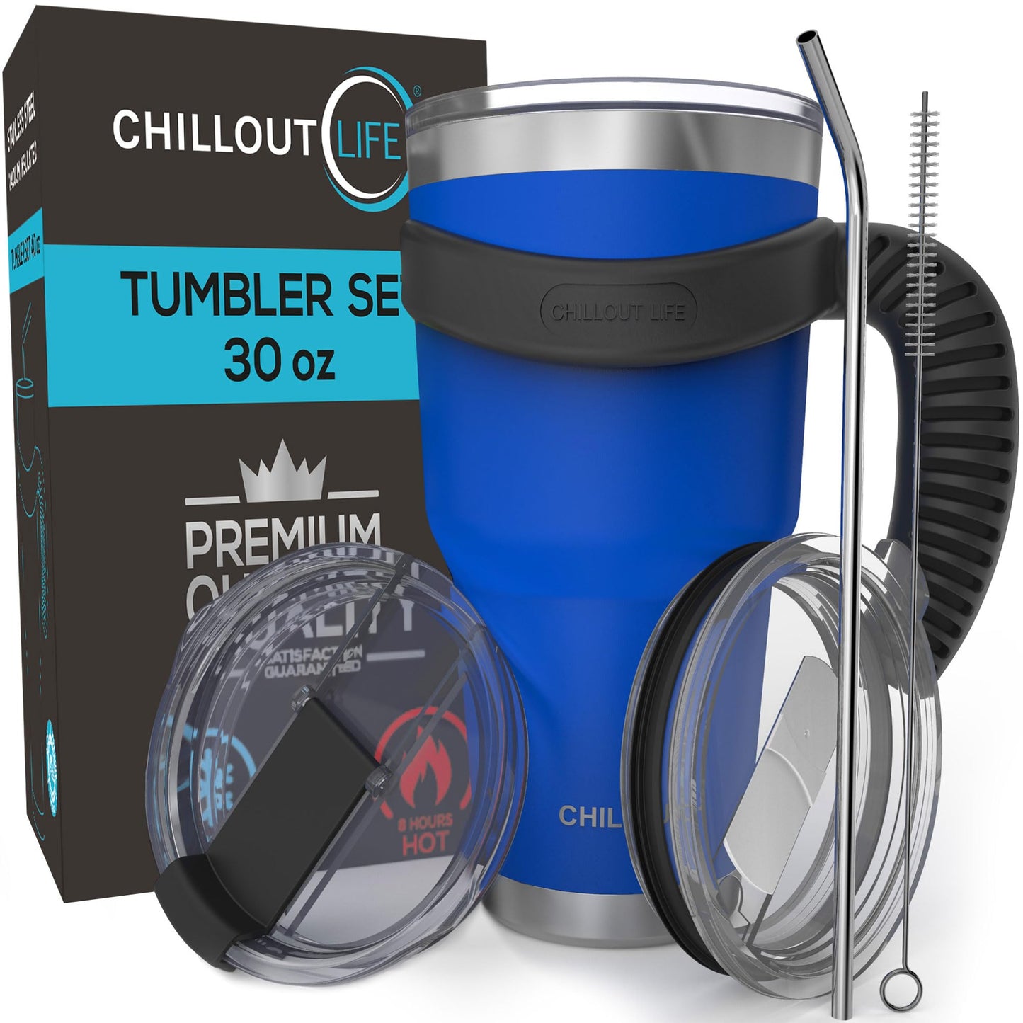 CHILLOUT LIFE Stainless Steel Travel Mug with Handle 30 oz – 6 Piece Set. Tumbler with Handle, Straw, Cleaning Brush & 2 Lids. Double Wall Insulated Large Coffee Mug Bundle