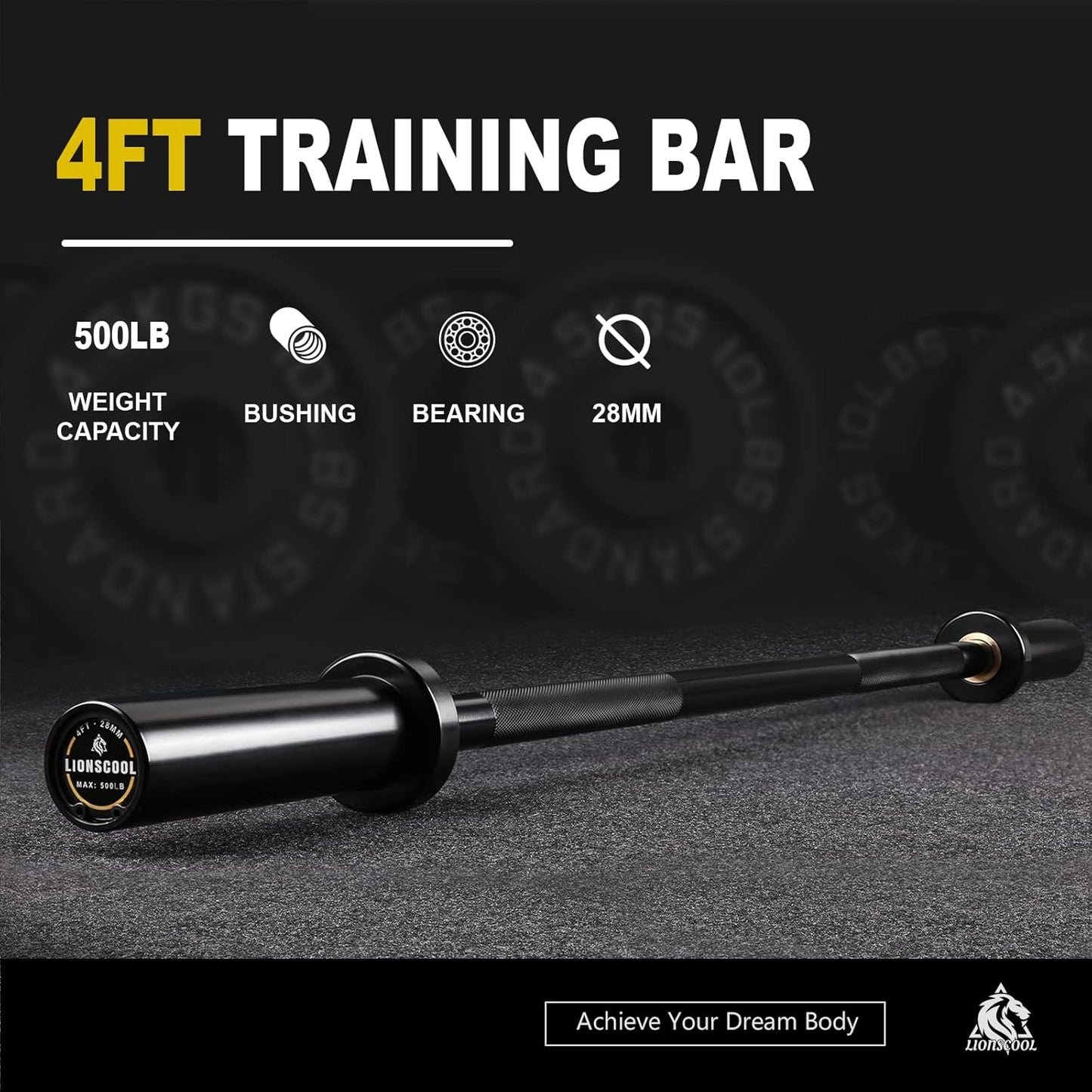 LIONSCOOL Premium 4ft/4.9ft/6ft Barbell for Strength Training and Olympic Weightlifting, 2 Inch Bar for Squats, Curls, Deadlifts, Presses, Hip Thrusts, 350lbs/500lbs/700lbs Weight Capacity