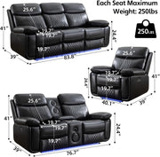 Power Recliner Sofa Set of 3 Piece with Bass Speakers for Living Room,Faux Leather Electric Zero Gravity 3 Seater Reclining Couch with Wireless Charger and Loveseat Theater Chair with LED Lights,Black
