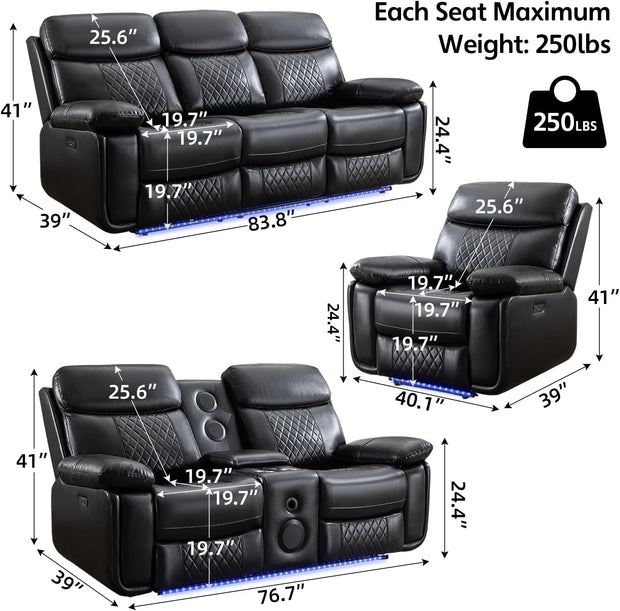 Power Recliner Sofa Set of 3 Piece with Bass Speakers for Living Room,Faux Leather Electric Zero Gravity 3 Seater Reclining Couch with Wireless Charger and Loveseat Theater Chair with LED Lights,Black