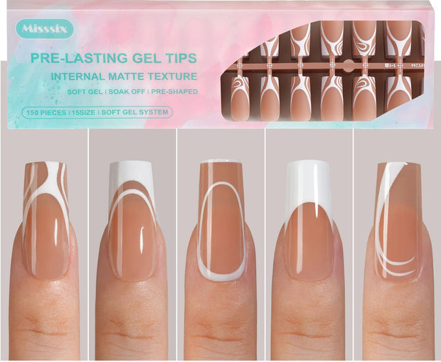 Misssix French Gel Nail Tips, 150Pcs French Tip Press on Nails Long Square Design, No Need to File Tips Pre-lasting, Fake Nails for Nail Art DIY 15 Sizes