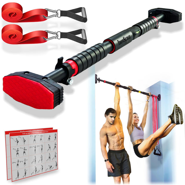 Pull Up Bar for Hallway or Doorway 6-piece Set with Two Attachable Resistance Bands/Handles, Training Manuals, No Screws Chin Up Bar, Max 680lbs, Width options: 27-37", 37-47"; 46-53"