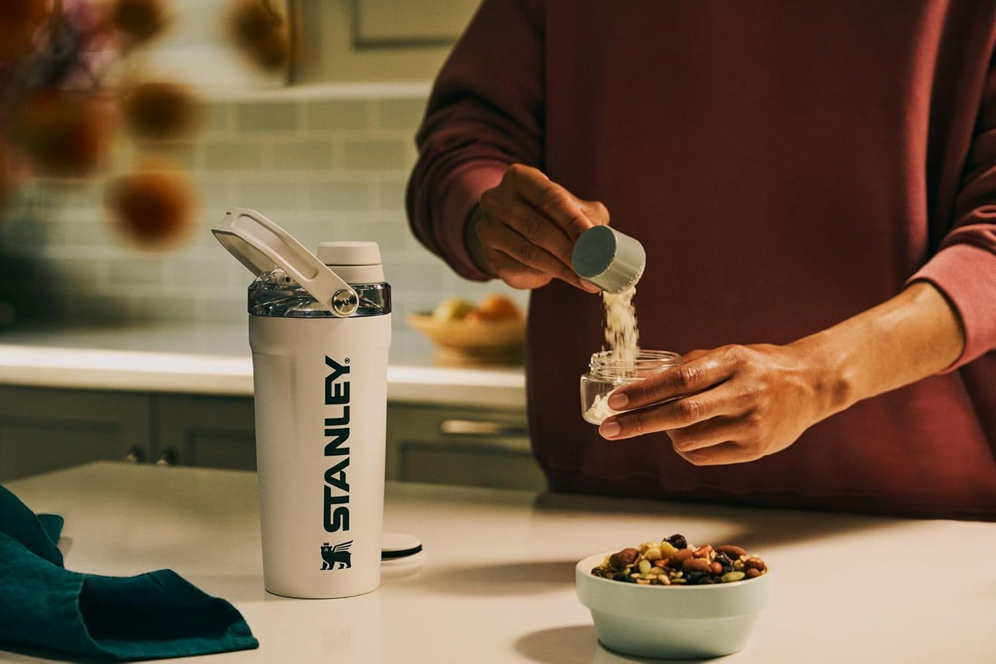 Stanley Activate Shaker Bottle 20 oz | Leakproof Insulated Stainless Steel Shaker Cup | Base Storage and Twist On Fast Flow Lid | Protein Shakes and Pre Workout Powder | BPA-Free | Toast