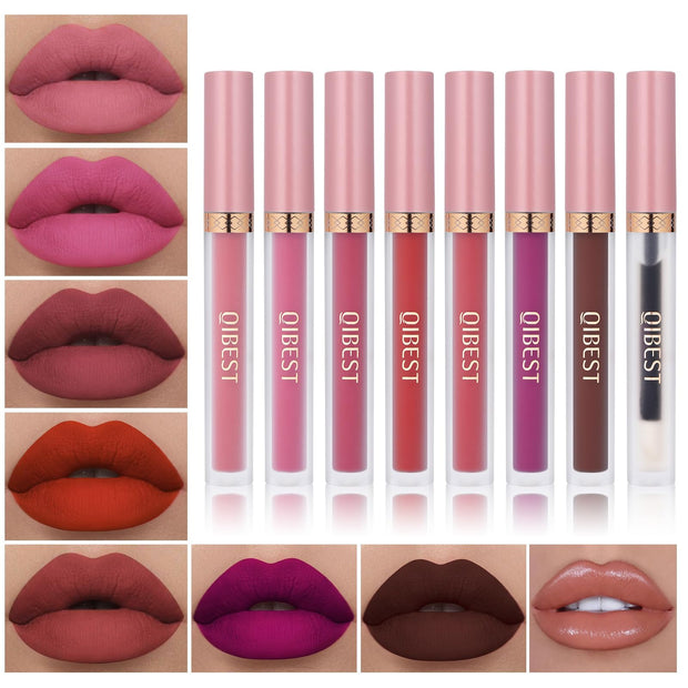 QiBest 7Pcs Matte Liquid Lipstick + 1Pcs Lip Plumper Makeup Set Kit, Pigmented Long Lasting Lip Gloss Set, Velvet Waterproof Halloween Lip Makeup Valentine's Gift Sets for Girls and Women
