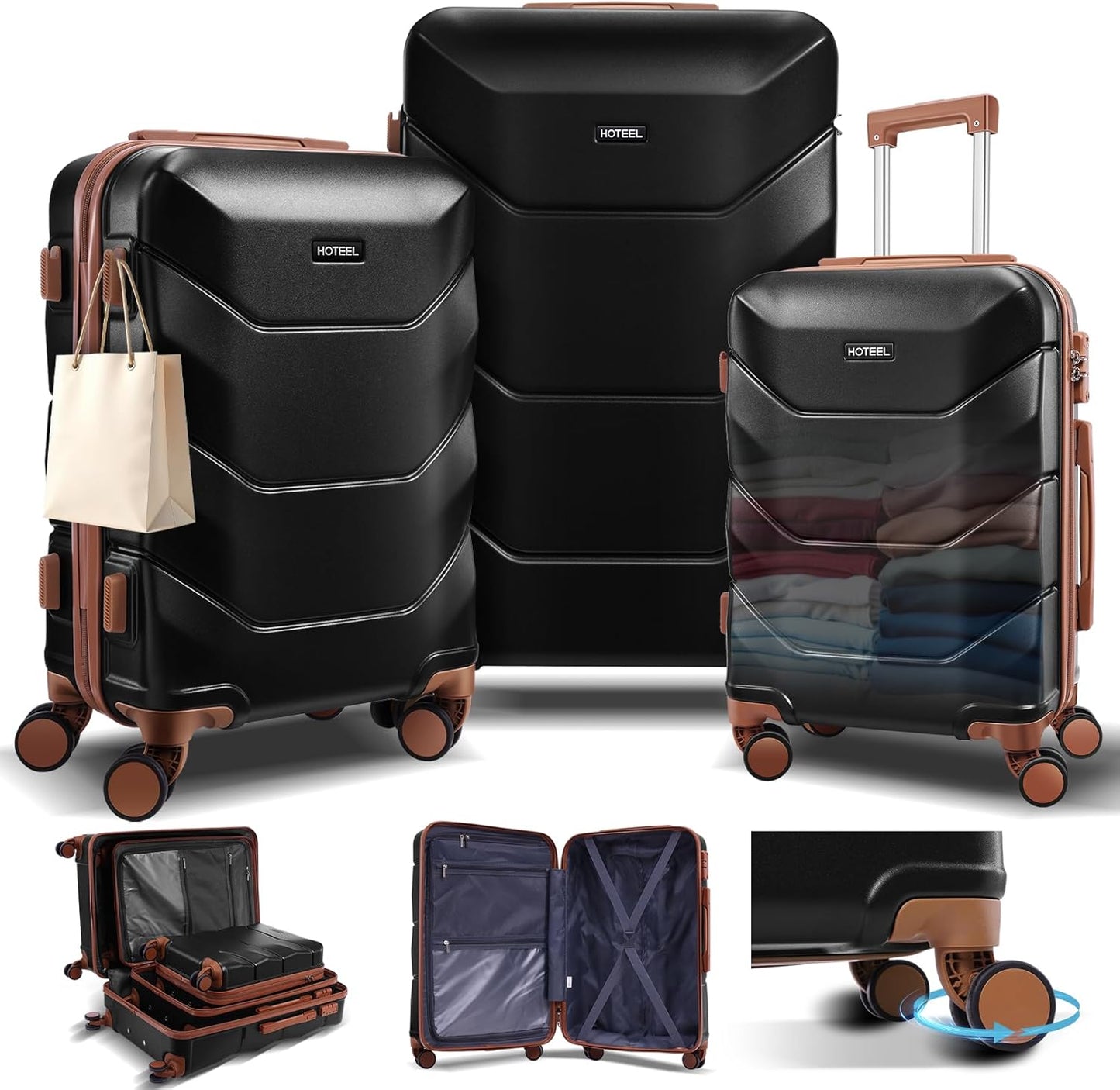 Hoteel 3-Piece Luggage Set with Spinner Wheels, Durable Carry On Suitcase Luggage with TSA Lock, Portable Lightweight ABS Luggages for Travel, Black