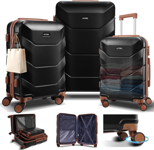 Hoteel 3-Piece Luggage Set with Spinner Wheels, Durable Carry On Suitcase Luggage with TSA Lock, Portable Lightweight ABS Luggages for Travel, Black