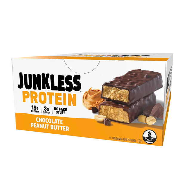 JUNKLESS Protein Bars - Chocolate Peanut Butter - 15g Protein, No Added Sugar, Gluten Free, High Fiber, Delicious Taste and Texture, Satisfying, Healthy Snack for Energy - 12 Bars