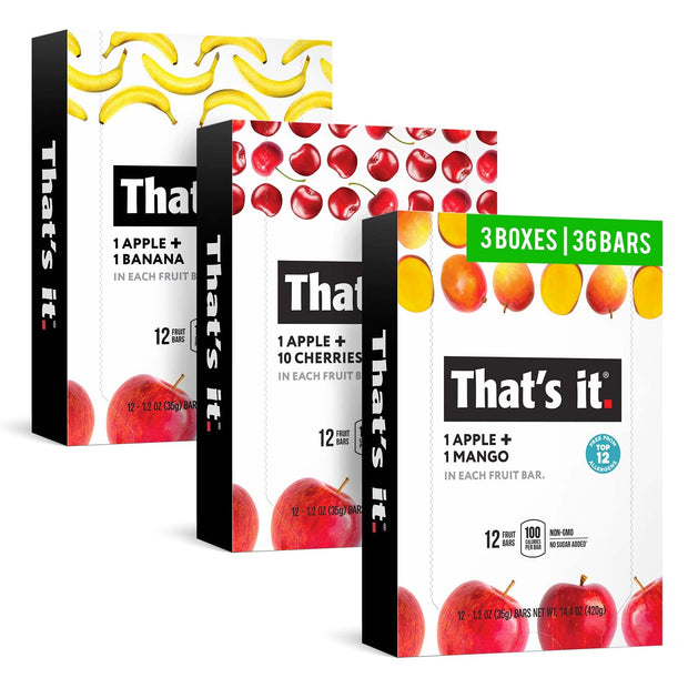 That’s it. Variety, 100% Natural Real Fruit Bar, High Fiber Vegan, Gluten Free Healthy Snack, Paleo for Children & Adults, Non GMO No Added Sugar (Blueberry, Strawberry, Fig) (36 Pack)