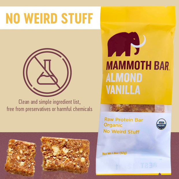 Mammoth Bar Almond Vanilla Bar - 10 Organic Protein Bars – Prebiotic • Paleo • Gluten Free • Egg Protein • GMO Free • Raw • Premium Nuts