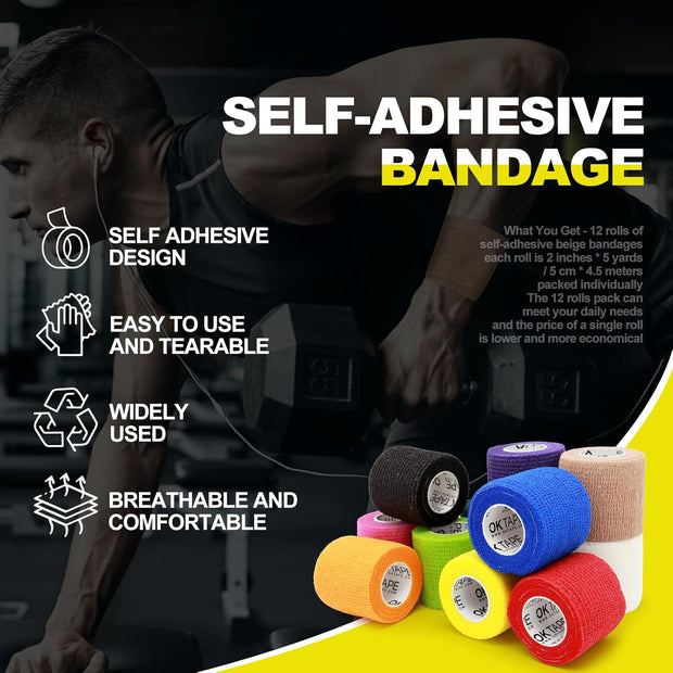 OK TAPE 12 Rolls Self Adhesive Bandage Wrap, Elastic Athletic Tape, Self Stick Bandage Tape, Vet Wrap, Medical Wrap for Wrist, Feet, 2" x 5 Yards - White