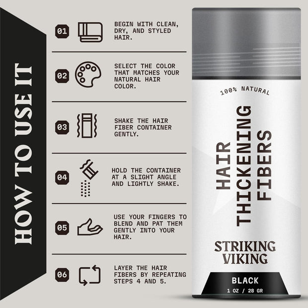 Striking Viking Hair Building Fibers for Thinning Hair (Black) 28g – Natural – Long-Lasting Powder for Undetectable, Thicker Look for Men & Women - Hair Fibers