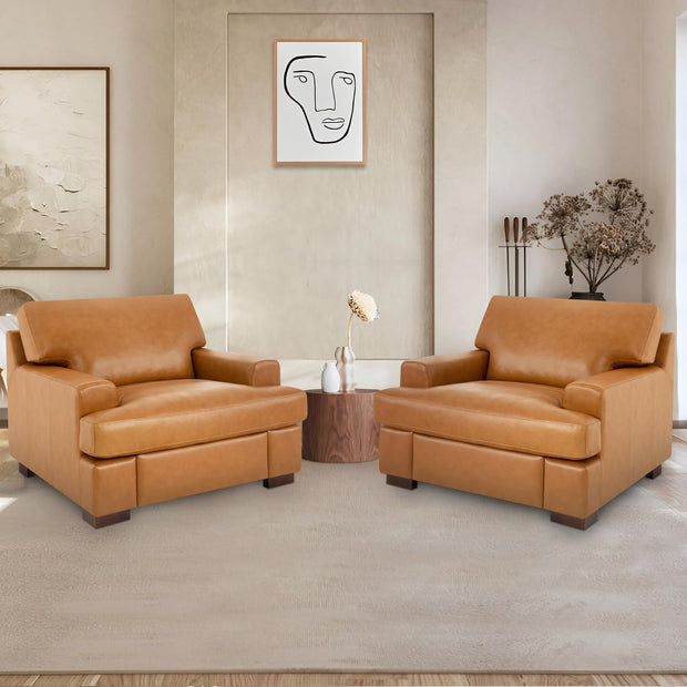 Naomi Home Siggy Genuine Leather Sofa - Set of 3 Luxurious Comfort, Goose Feather Cushion Filling, Square Arm Design, Sturdy Block Legs, Elegant Tan - Ideal for Living Room, Office, or Bedroom