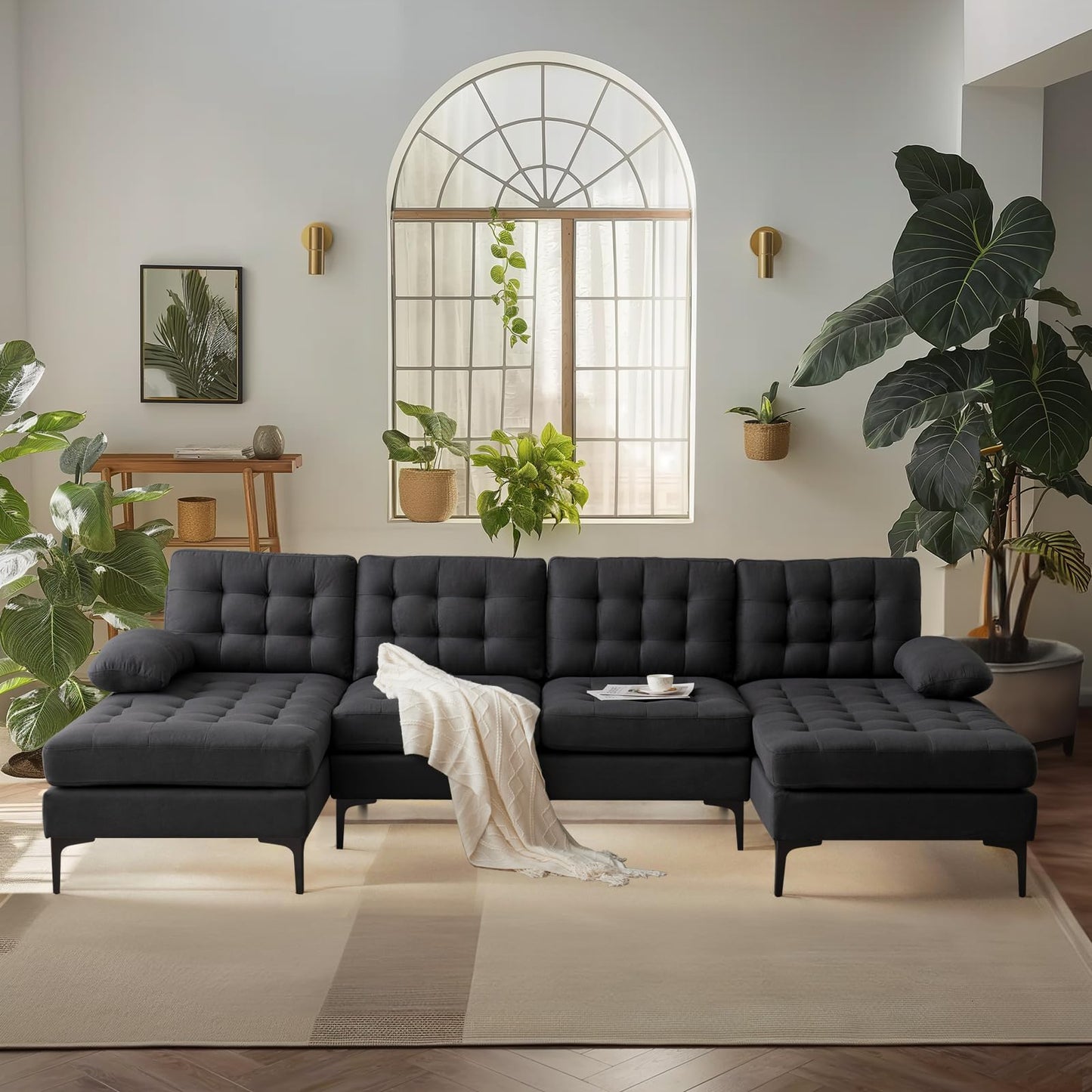 VINGLI 110" Modern U Shaped Sectional Couch with 51"D Double Chaise for Living Room, Black Deep Seat Sectional Sofa Sets with 5.9" Thickness Seating Padding for Home Furniture,Linen Fabric,Metal Legs