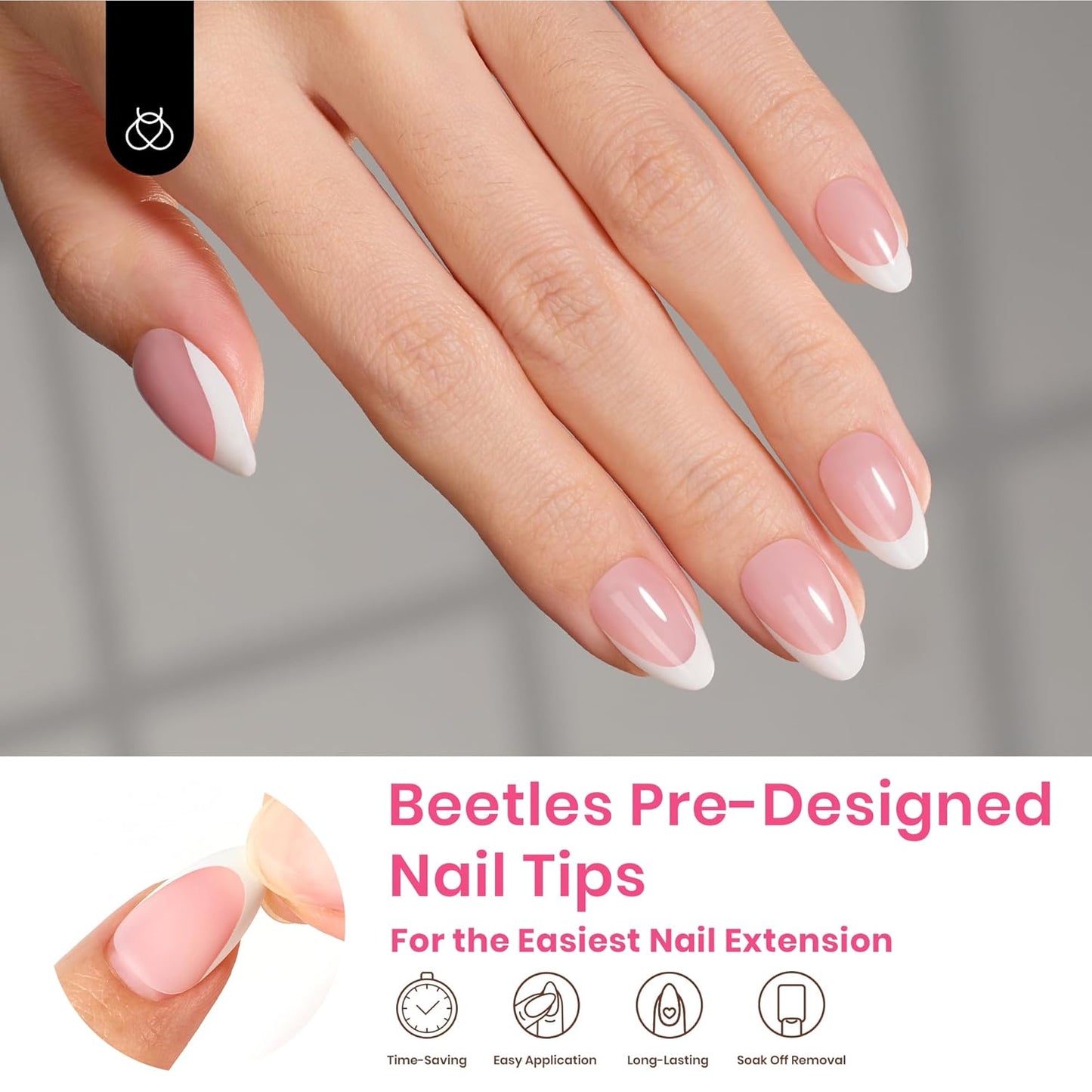 Beetles French Tip Press On Nails, 16 Sizes 224 Pcs Pink Short Almond Press On Nails 4 In 1 Gel Nail Tips Pre-Applied Primer Base Coat Soak Off Uv Nail Extension DIY Manicure Gift for Women