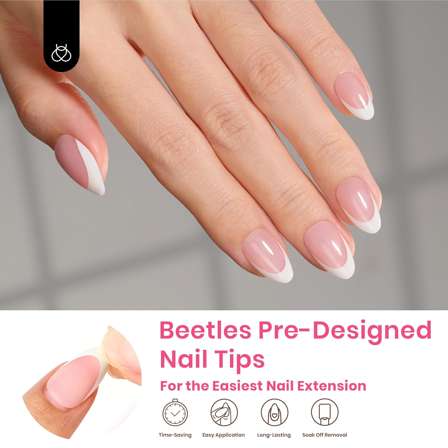 Beetles French Tip Press On Nails, 16 Sizes 224 Pcs Pink Short Almond Press On Nails 4 In 1 Gel Nail Tips Pre-Applied Primer Base Coat Soak Off Uv Nail Extension DIY Manicure Gift for Women