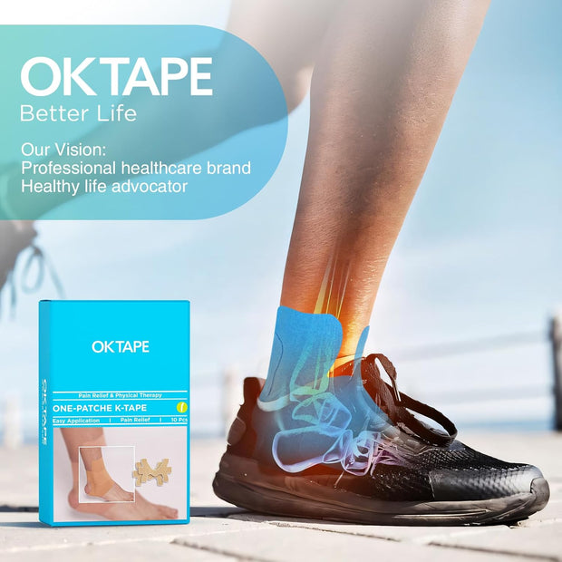 OK TAPE Precut Kinesiology Ankle Tape, 10 Pcs, Pain Relief, Prevent Ankle Sprain, Provide Support for Ankle Ligament, Elastic Athletic Tape, Breathable K Tape for Daily use - Beige