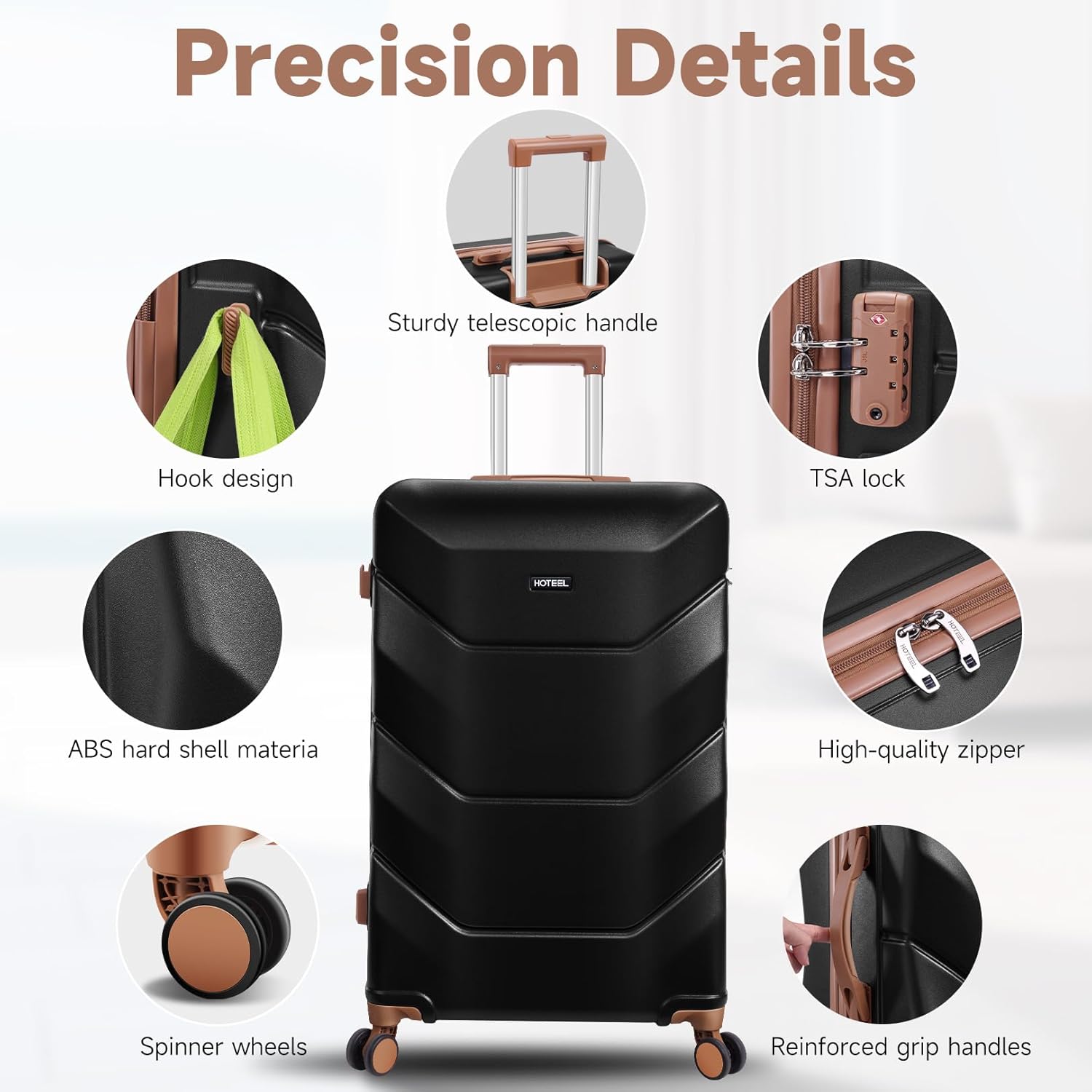 Hoteel 3-Piece Luggage Set with Spinner Wheels, Durable Carry On Suitcase Luggage with TSA Lock, Portable Lightweight ABS Luggages for Travel, Black