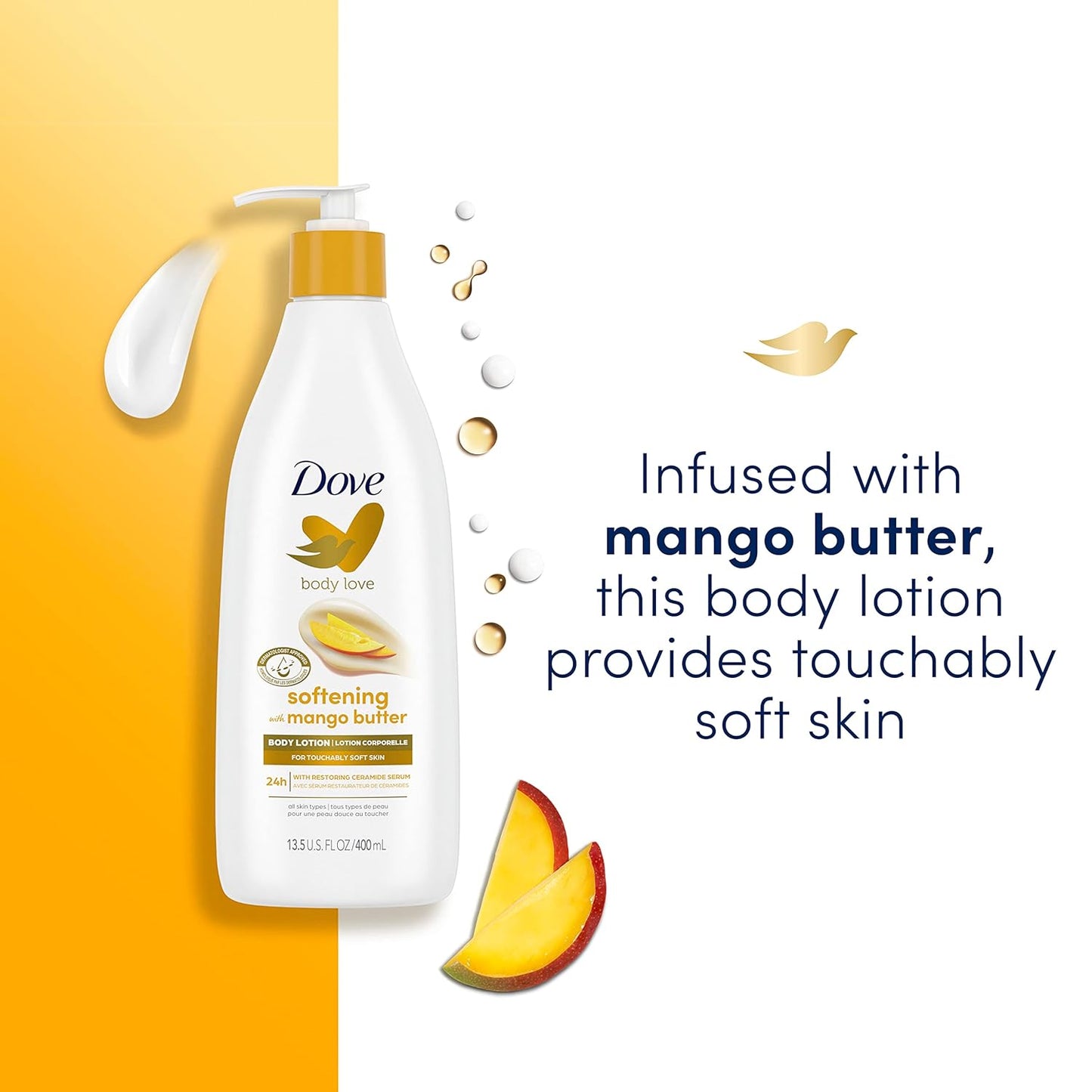 Dove Body Love Softening Body Lotion with Mango & Almond Pack of 3 For Touchably Soft Skin Butters Lotion for Dry Skin with Restoring Ceramide Serum 13.5 oz