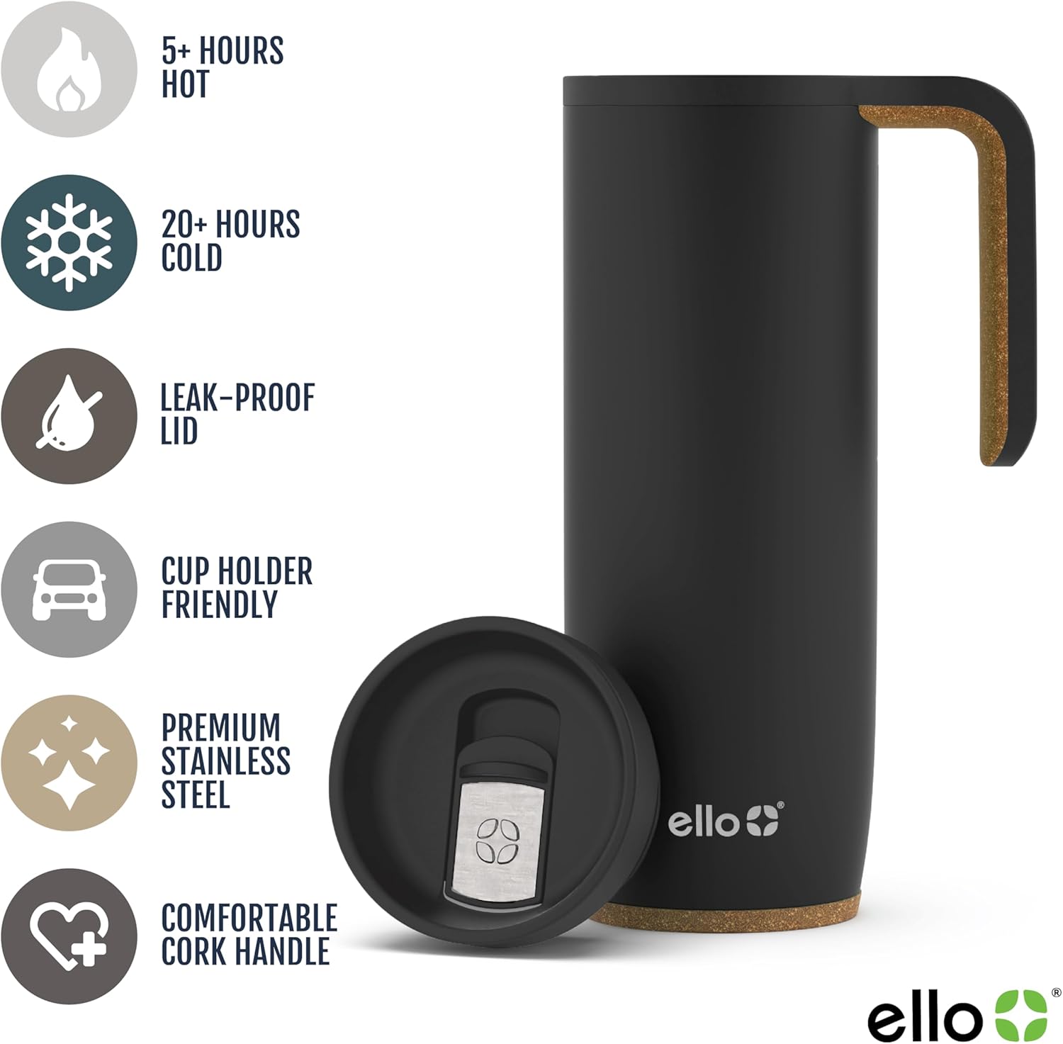 Ello Magnet 18oz Vacuum Insulated Stainless Steel Travel Mug with Side Handle and Leak-Proof Slider Lid and Built-in Coaster, Keeps Hot for 5 Hours