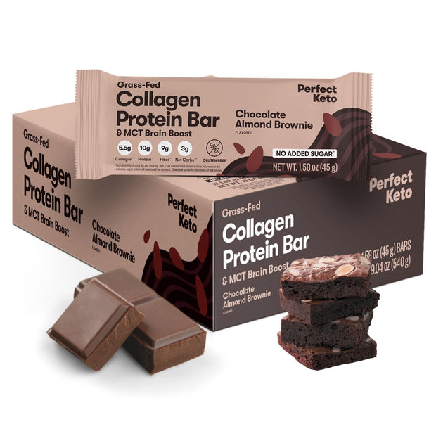Perfect Collagen Protein Bars, Gluten Free Grass Fed Collagen + MCT Oil, Low Carb, No Sugar Added, High Protein Snacks, Keto Diet Foods, 11g Protein, 18g Fat, 3g Net Carbs, Chocolate Chip, 12 Bars