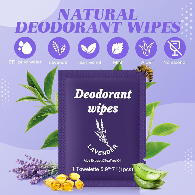 Travel Deodorant Wipes Individually Wrapped,Body Wipes to Clean Skin for Women Men（Lavender,pack of 100)