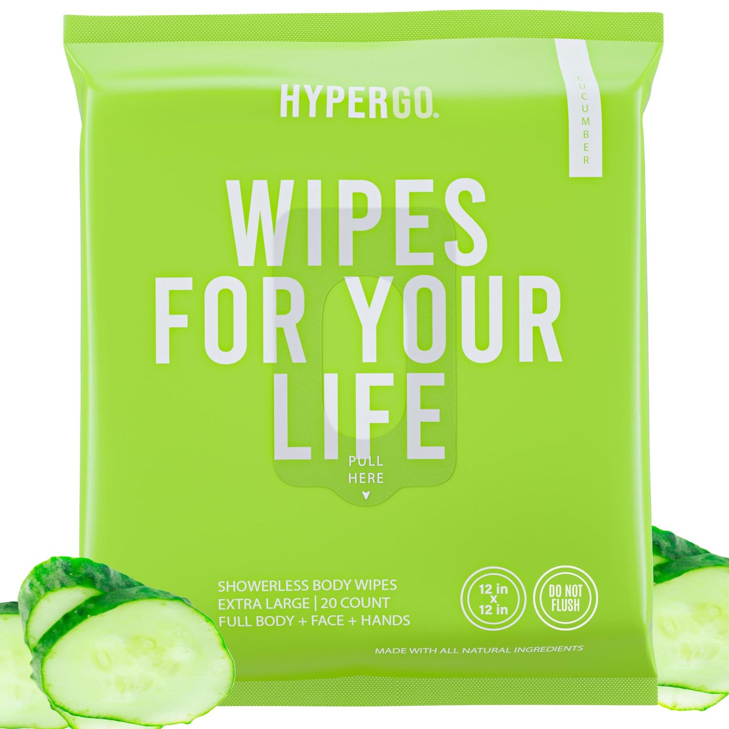 HyperGo XL Body Wipes for Women & Men – 12" x12" Rinse-Free Full Body Cleansing Wipes 20 Count Pack - Mint | Biodegradable, Hypoallergenic, Aloe-Infused | Gym, Festival, Camping Essentials