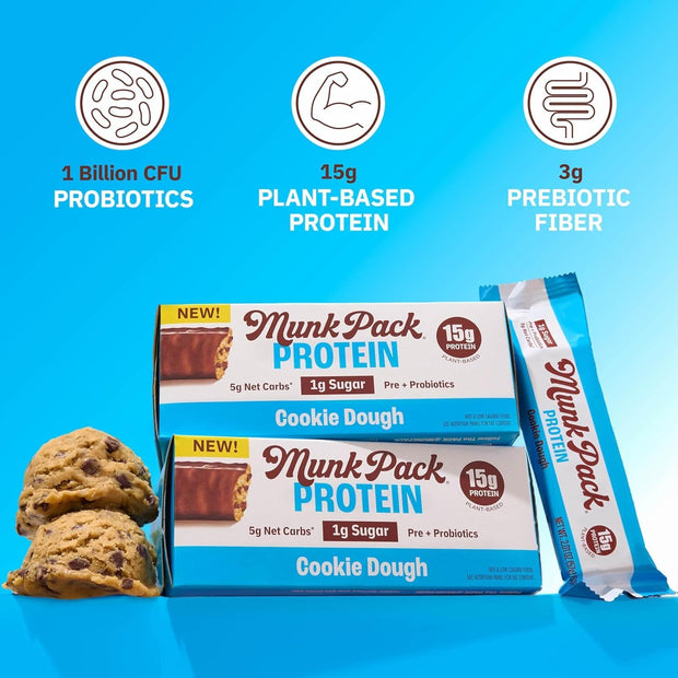 Munk Pack Sampler Pack Probiotic Protein Bars | Keto-Friendly 15g Plant Protein, 1g Sugar, 4g Net Carbs - Vegan, Low Carb, Gluten-Free Healthy Snacks | 5 Count