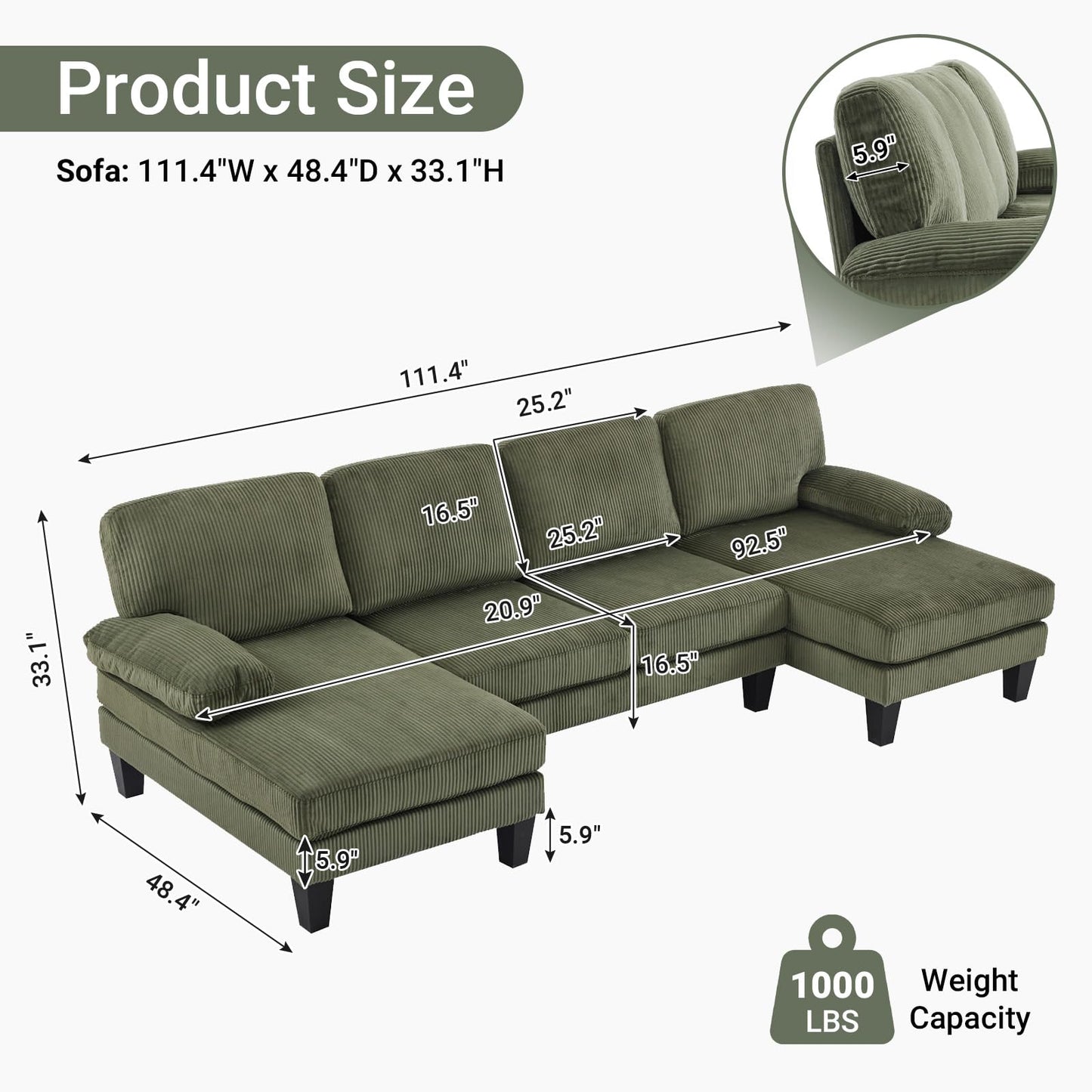 VINGLI 110" Sectional Couches for Living Room,U Shaped Couch with Double Chaise, 4-Seat Sofa Set with Chenille Fabric for Home Furniture,Beige