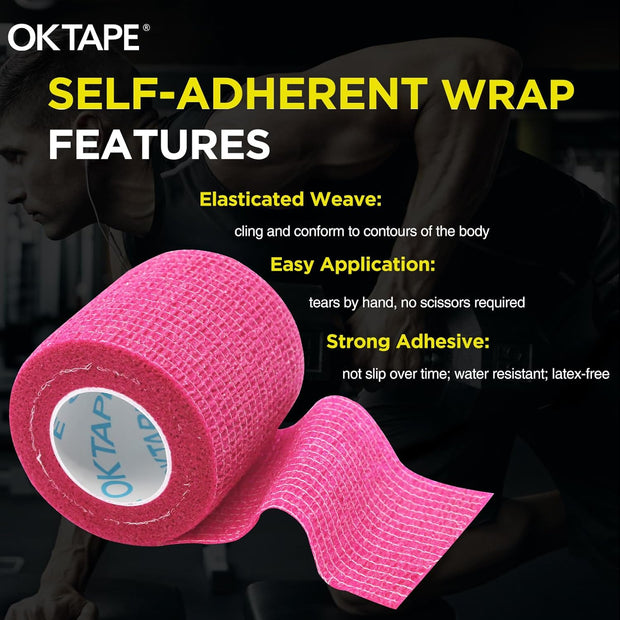 OK TAPE 12 Rolls Self Adhesive Bandage Wrap, Elastic Athletic Tape, Self Stick Bandage Tape, Vet Wrap, Medical Wrap for Wrist, Feet, 2" x 5 Yards - Pink